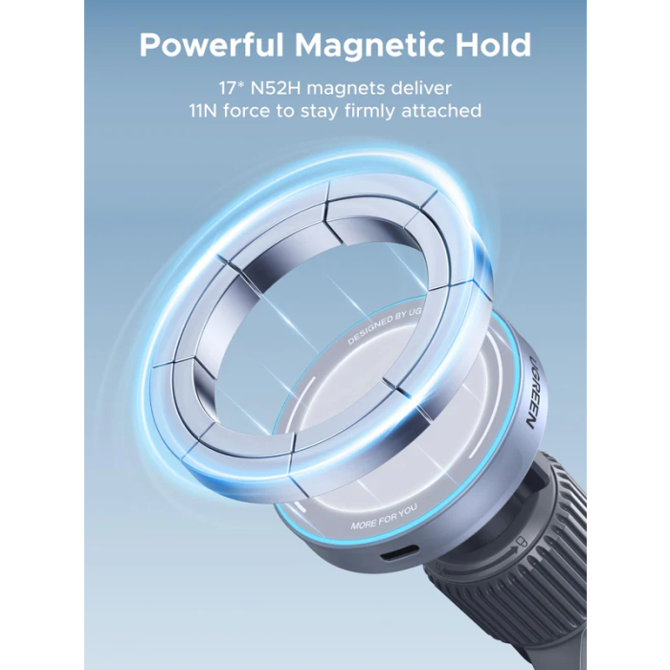 Avto nosilec za telefone Ugreen MagFlow 55967, brezžični polnilec 25W, Qi2, 17x N52 magnetov, 360° vrtljiv, za iPhone 5