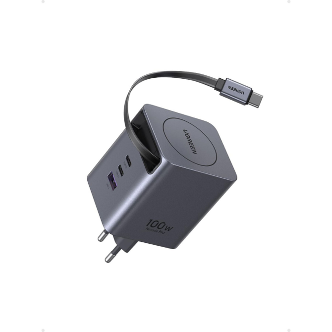 Hišni polnilec za telefone Ugreen 65828 GaN 100W, izvlečni USB-C kabel 0,75 m, 4 izhodi, hitro polnjenje 4