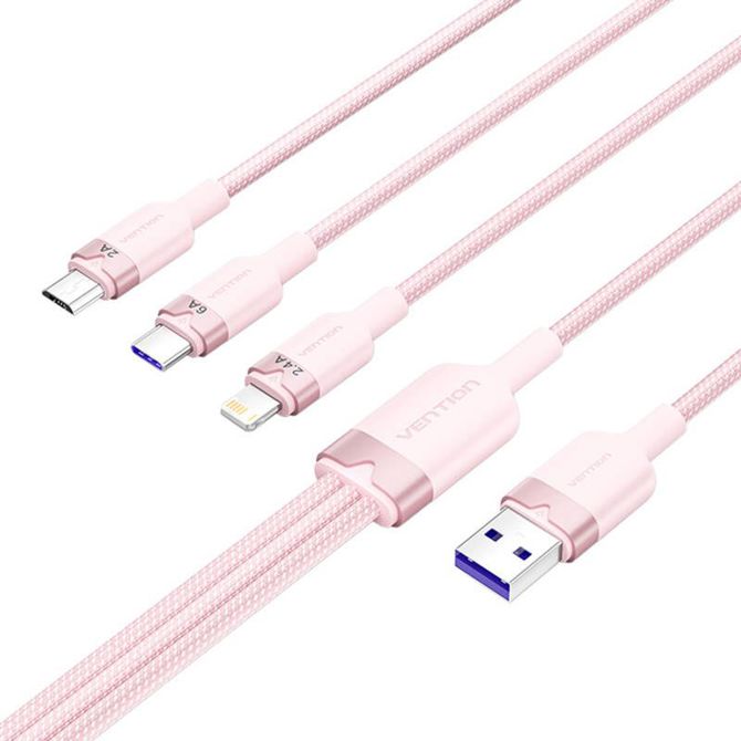 USB 2.0 A na 3-v-1 6A kabel Vention CTRPG 1,5M (roza) 2