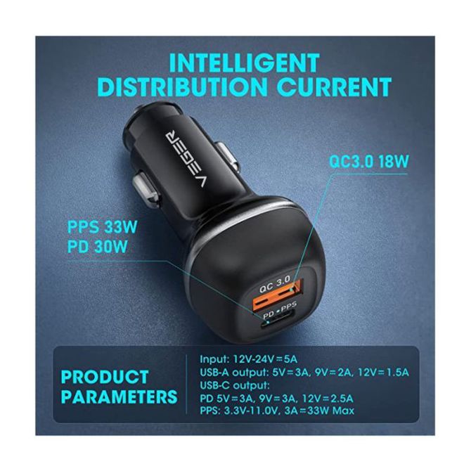 VEGER avtopolnilec CC62 USB+USB-C PD, QC3.0 51W 3