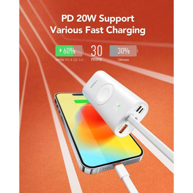 VEGER prenosna baterija MagFan 10000 mAh, vgrajen kabel in Apple Watch polnilnik, bela 4