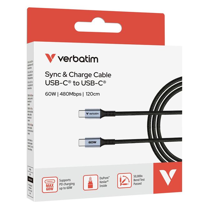 Podatkovni kabel Verbatim Sync & Charge USB-C na USB-C, 60W, hitro polnjenje, najlonski, 1,2 m 6