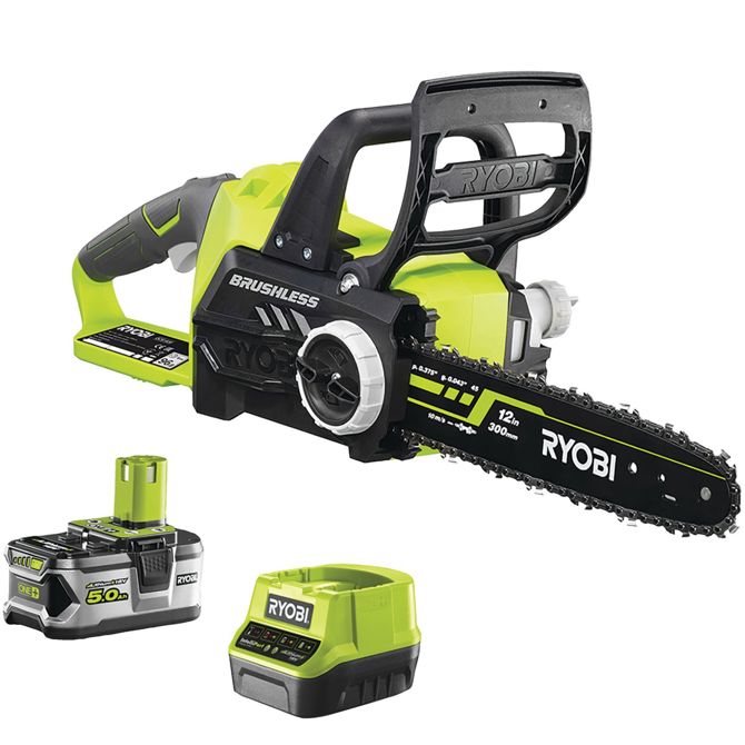 Akumulatorska motorna žaga Ryobi One+, 18 V, Li-Ion baterija 5.0 Ah, zelena/črna