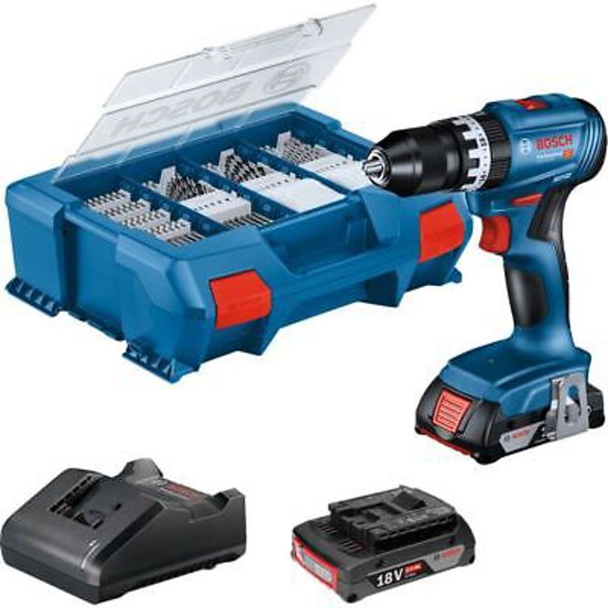 Akumulatorski udarni vijačnik Bosch GSB 18V-45 Professional, 2x Li-Ion baterija 2,0Ah, 82-delni pribor, v kovčku, modra/črna