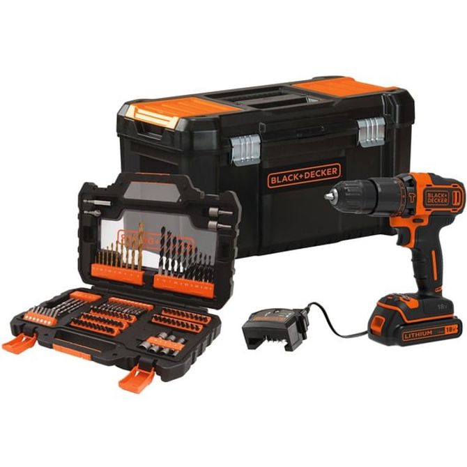 Akumulatorski udarni vrtalnik Black+Decker BDCHD18S1KA, 18 v, Li-Ion 1,5 Ah, vklj. 104-delni pribor, črna/oranžna