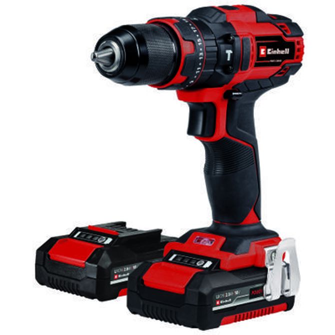 Akumulatorski vrtalni vrtalni komplet Einhell TE-CD 18/40 Li-i +64, 18V, 2x Li-Ion baterija 2,0 Ah, 64 delni pribor, rdeča/črna