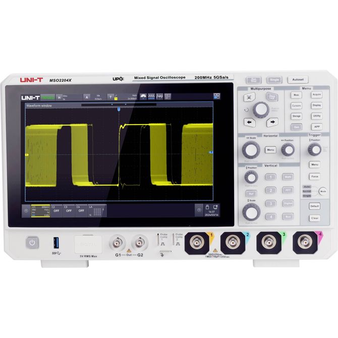 Digitalni osciloskop UNI-T MSO2204X, 200 MHz, 4+16 kanalov, 5 GSa/s, 100 Mpts, zaslon na dotik