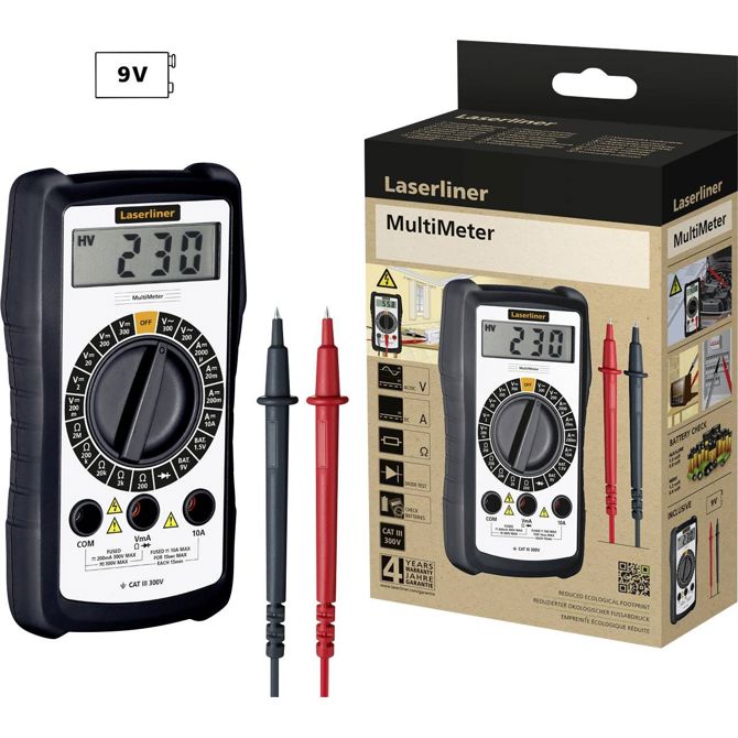 Kompakten univerzalni multimeter za vsa običajna merilna opravila v gospodinjstvu in hobiju – uporaba recikliranega materiala za trajnost Laserliner MultiMeter ročni multimeter