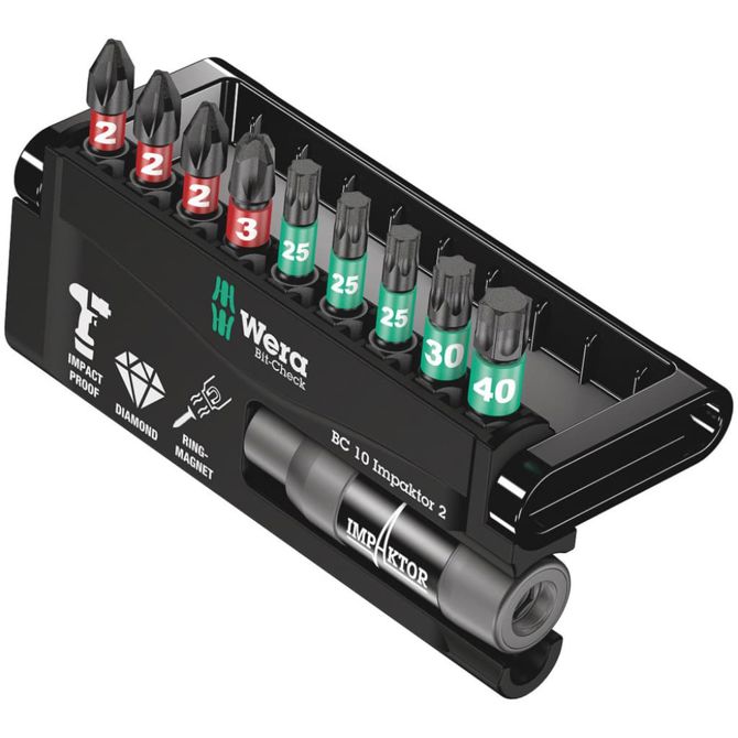 Komplet 2 nastavkov/nastavkov/svedrov Wera Bit-Check 10 Impaktor , 1/4" (z diamantnim premazom, izjemno vzdržljiv)