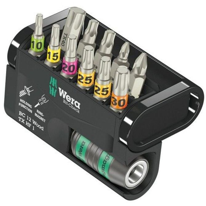 Komplet bitov Wera Bit-Check 12 Wood TX HF 1  (12-delni, 1/4, funkcija držanja, v plastični zložljivi škatli)
