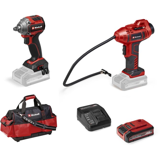 Komplet strojev Einhell  TP-CW 18/260 + CE-CC 18 Kit (rdeč/črn, 1x litij-ionska baterija 4,0 Ah, s torbo)