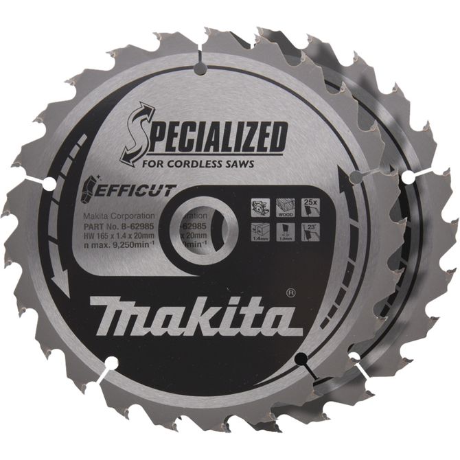 List krožne žage Makita  EFFICUT B-62985-2, Ø 165 mm, 25T (2 kosa, izvrtina 20 mm, za akumulatorske žage)