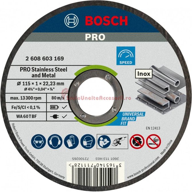 Rezalna plošča Bosch PRO 115 mm, za nerjaveče jeklo in kovino, izvrtina 22,23 mm, debelina 1 mm, hitro rezanje