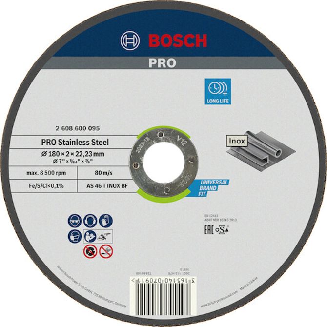 Rezalna plošča Bosch PRO 180 mm INOX ravna, izvrtina 22,23 mm, brez železa