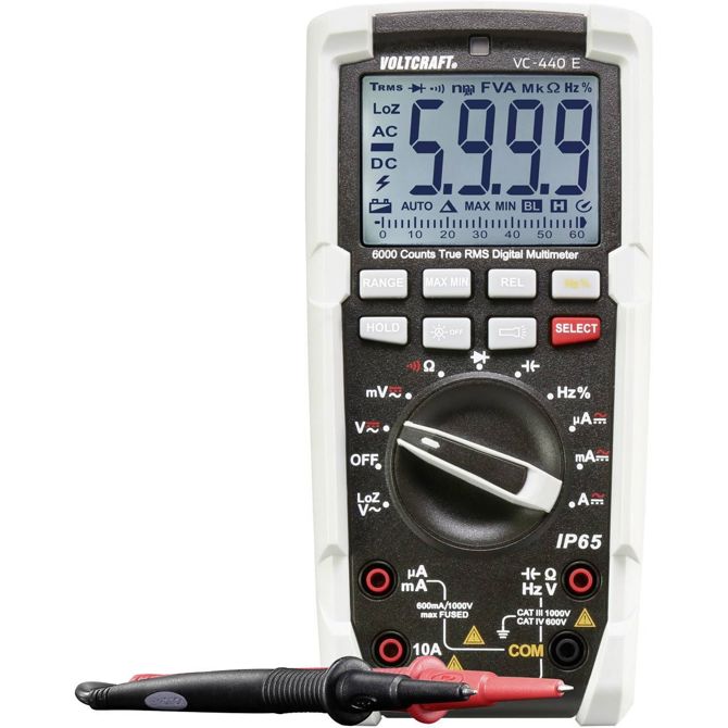 Ročni digitalni multimeter VOLTCRAFT VC-440 E, kalibracija narejena po: delovnih standardih, zaščiten pred vodnimi curki (IP65)