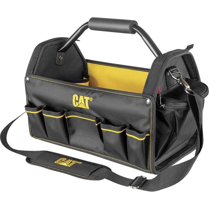 Torba za orodje s kovinskim ročajem CAT 980208N, prazna, 44,5 × 22,8 × 26 cm, črno-rumene barve