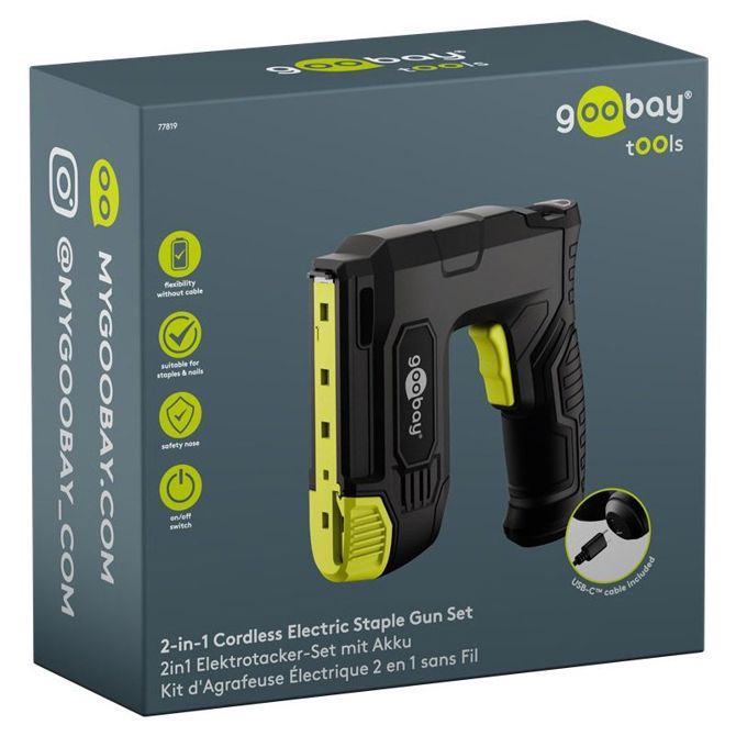 Spenjalnik Goobay 2v1 baterijski, žebljalnik in spenjalnik, brezžični, Li-ion baterija, 100 sponk, USB-C polnjenje 5