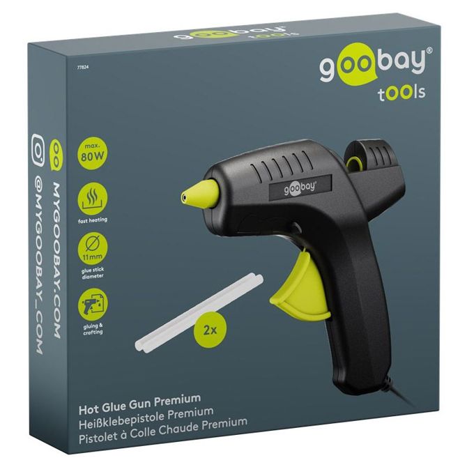 Lepilna pištola Goobay Premium 80W hitro segrevanje, 11 mm vložki, zaščitna kapica, stojalo 4