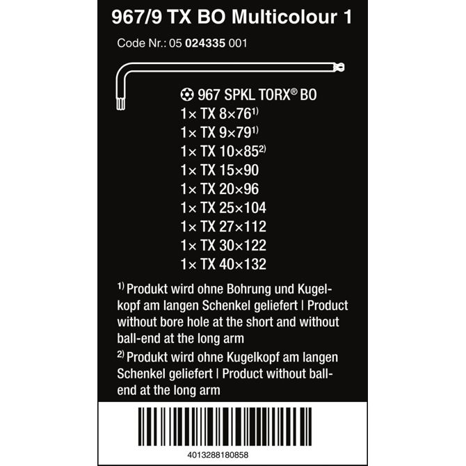 Komplet L-ključev Wera 967/9 TX BO Multicolour 1 komplet, 9-delni (z zadrževalno sponko, črna laserska obdelava) 2