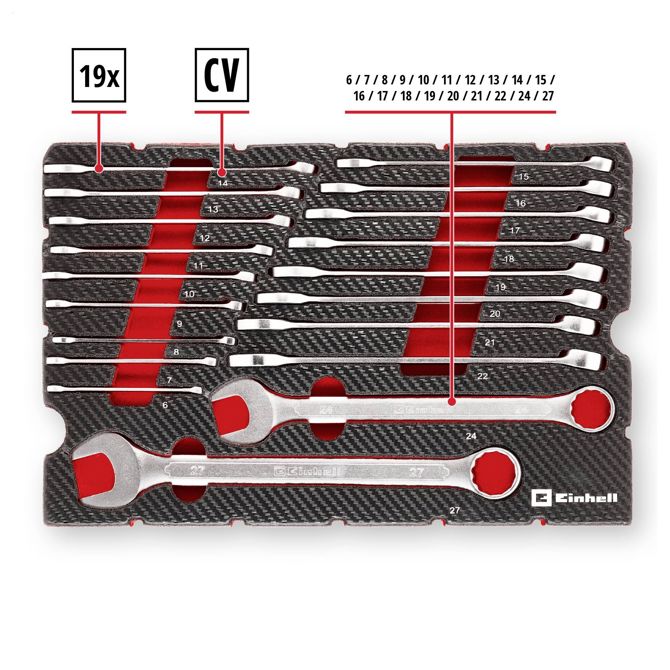 Kombinirani ključi Einhell 370521 19-delni, 6–27 mm, 12-kraki profil, CrV jeklo, E-Case SF vložek 2