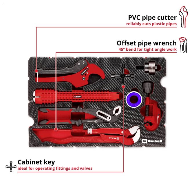 Set za montažo sanitarne opreme Einhell 370527 8-delni., rezalnik do 30 mm, 250 mm klešče, E-Case SF vložek 6