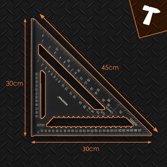 Velik aluminijasti mizarski kotnik Bigstren 300 × 300 × 450 mm, črna prevleka, aluminijeva zlitina, 5 svinčnikov 3