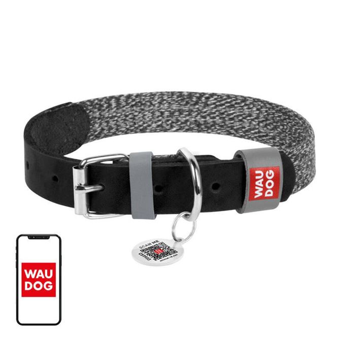 Pasja ovratnica iz naravnega usnja in recikliranega materiala s QR kodo Waudog velikost L, širina 25 mm, črna