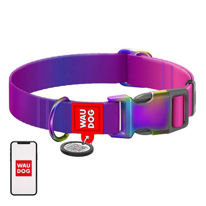 Najlonska pasja ovratnica s QR kodo WAUDOG 15 mm široka, 25-35 cm dolga vijolična