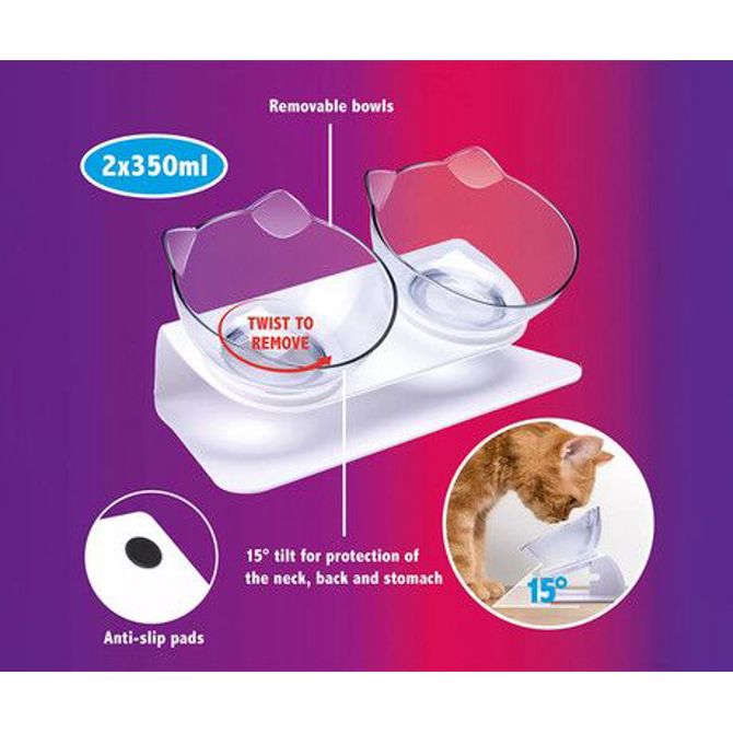 Pet Treatment dvojna posoda s stojalom za mačke, 2x 350ml, za hrano / vodo, 15° nagib, 27x12.5x14cm 4