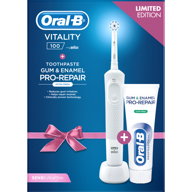 Darilni set: električna zobna ščetka Oral-B Vitality 100 Sensi Ultrathin + zobna pasta Oral-B Professional