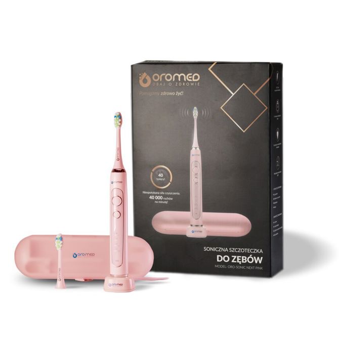 Električna zobna ščetka Oromed Oro-Sonic Next Pink, 4 programi, 40.000 gibov/min, IPX7 vodotesna, litijeva baterija, torbica za potovanja