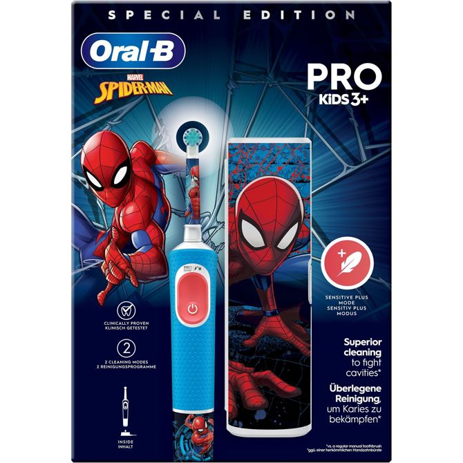 Električna zobna ščetka Oral-B Vitality Pro Kids Spiderman, 2D čiščenje, nežne ščetine, 2-minutni timer, potovalni etui, modra
