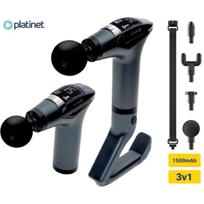 PLATINET PMAS10PRO masažna pištola, 3v1, polnilna baterija, 12 stopenj hitrosti, 4 nastavki, masažni pas, podaljševalni ročaj, upravljanje na dotik, črno-srebrna