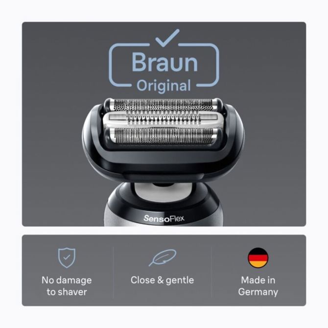 Nadomestna glava Braun Series 6 64B, 3 rezila, 2D prilagoditev, Sensitive SkinGuard, klik sistem, srebrna 3
