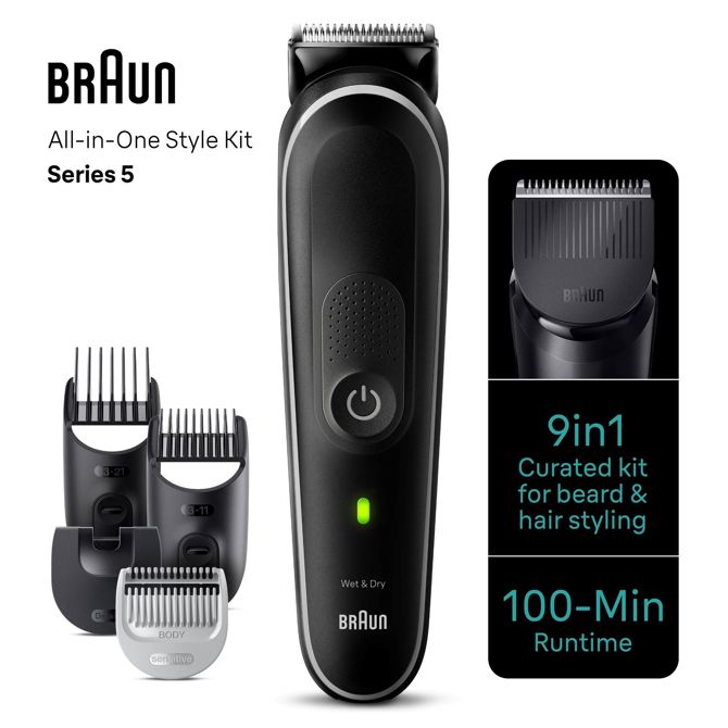 Moški urejevalnik Braun All-in-One 5420, komplet 9 v 1, 100 min delovanja, Li-ion baterija, pralne glave, vodoodporen 3