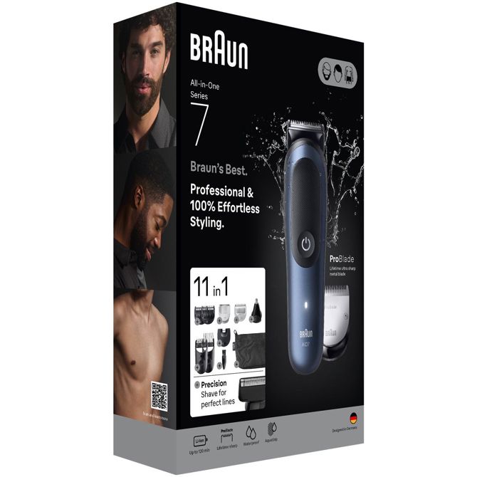 Moški urejevalnik Braun Series 7 AIO7540, 11-v-1, litij-ionska baterija, 120 min delovanja, 14 nastavitev dolžine, ProBlade rezilo, popolnoma pralno 3