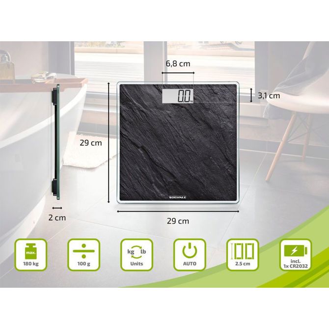 Osebna tehtnica Soehnle Style Sense Compact 300 Slate, LCD zaslon, nosilnost 180 kg, natančnost 100 g, samodejni vklop/izklop, kompaktna oblika 6
