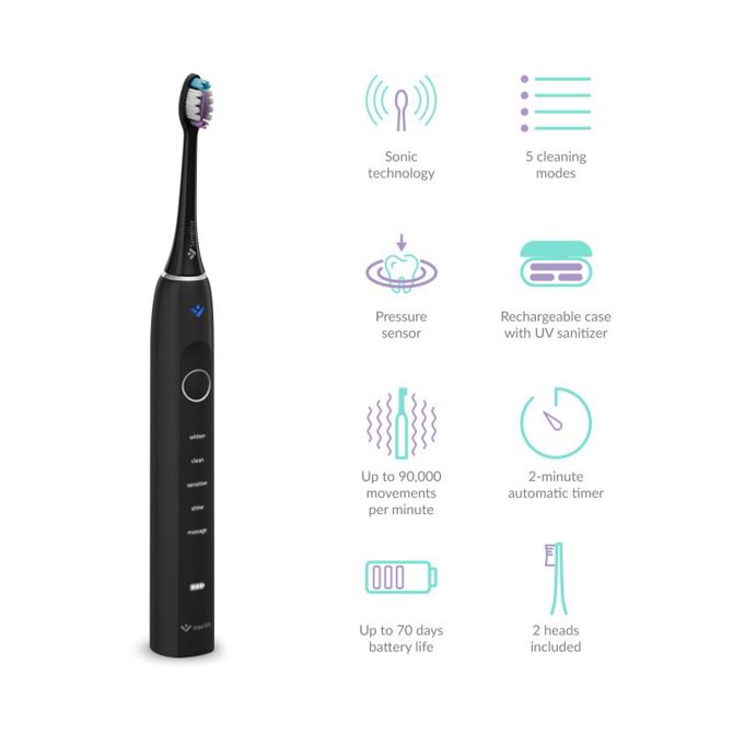 Sonična zobna ščetka TrueLife SonicBrush Clean70 UV Black, 90.000 gibov/min, 5 načinov, SmartPressure senzor, UV sterilizacija, do 70 dni delovanja, USB-C, črna 2